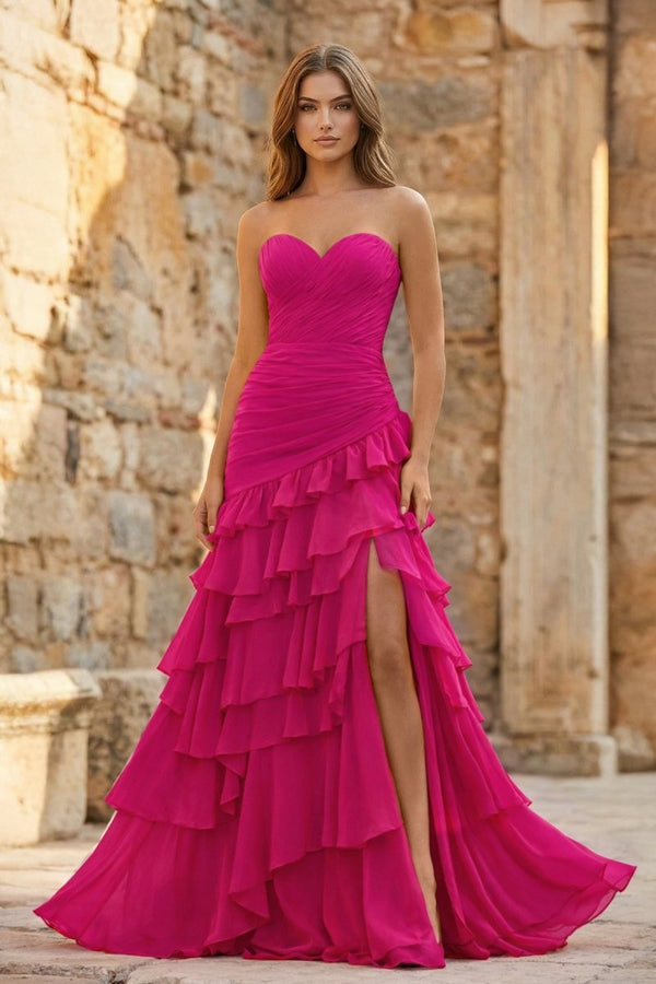 Ruched Ruffle Fitted Yellow Long Prom Dress with Slit - KissProm