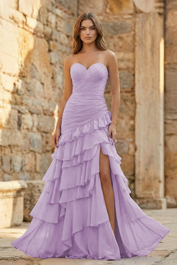Ruched Ruffle Fitted Yellow Long Prom Dress with Slit - KissProm
