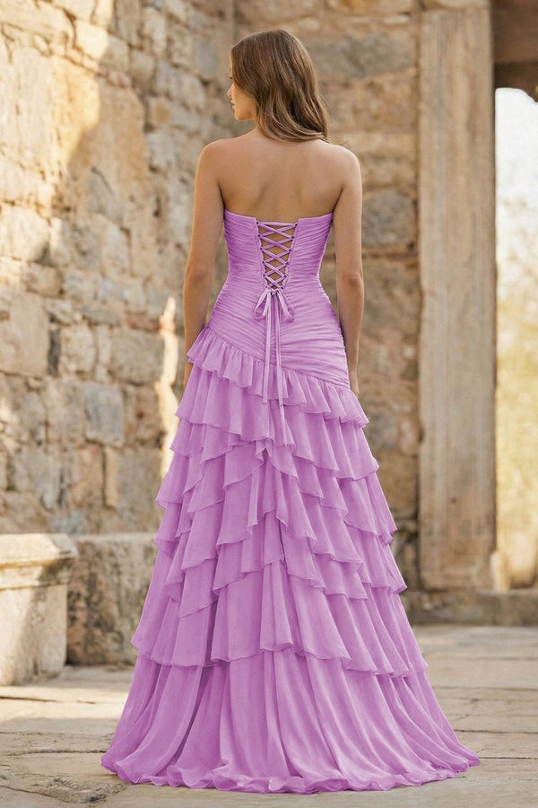 Ruched Ruffle Fitted Yellow Long Prom Dress with Slit - KissProm
