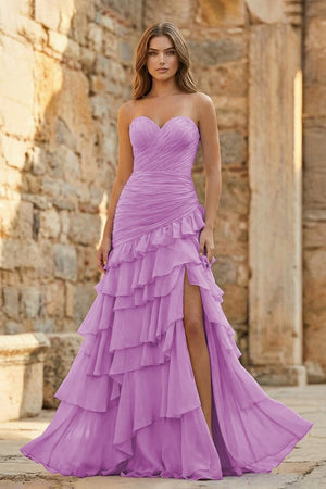 Ruched Ruffle Fitted Yellow Long Prom Dress with Slit - KissProm