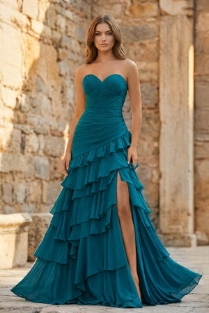 Ruched Ruffle Fitted Yellow Long Prom Dress with Slit - KissProm