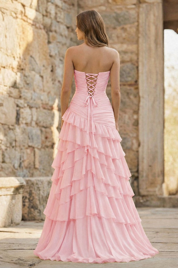 Ruched Ruffle Fitted Yellow Long Prom Dress with Slit - KissProm