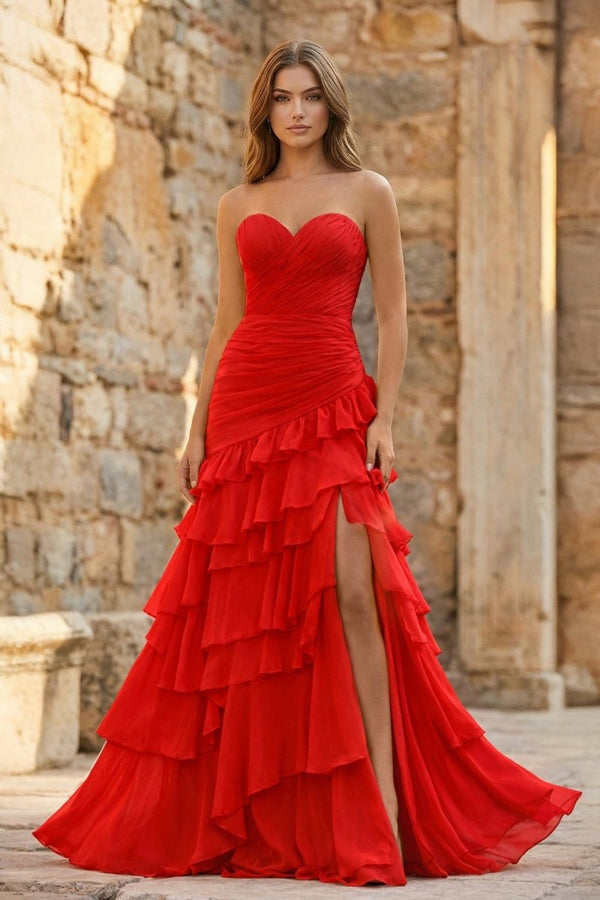 Ruched Ruffle Fitted Yellow Long Prom Dress with Slit - KissProm