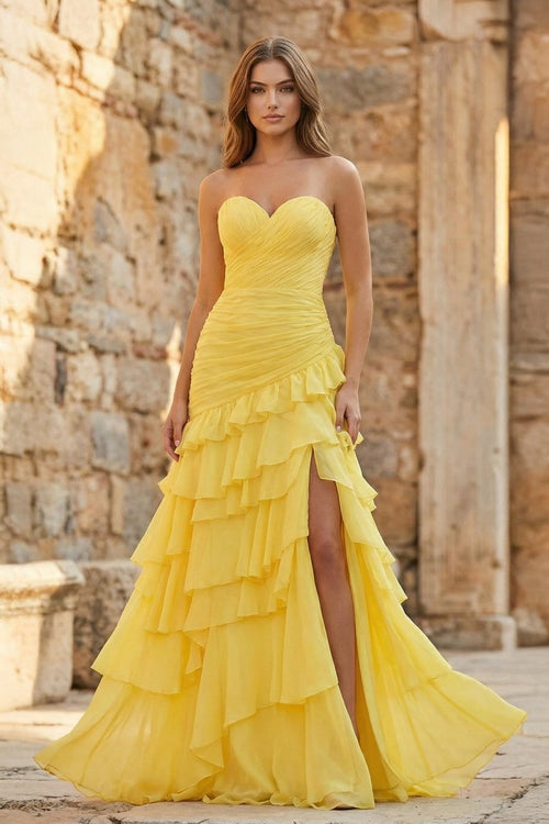 Ruched Ruffle Fitted Yellow Long Prom Dress with Slit - KissProm