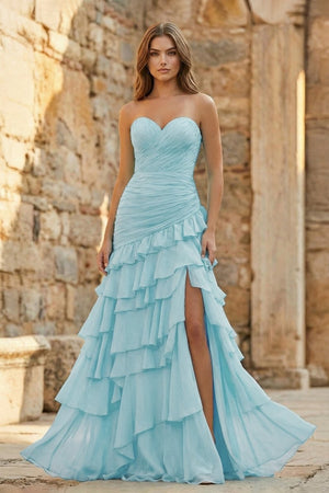 Ruched Ruffle Fitted Yellow Long Prom Dress with Slit - KissProm