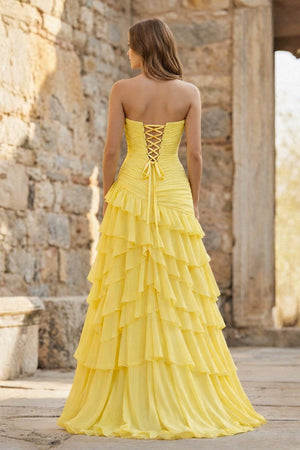 Ruched Ruffle Fitted Yellow Long Prom Dress with Slit - KissProm
