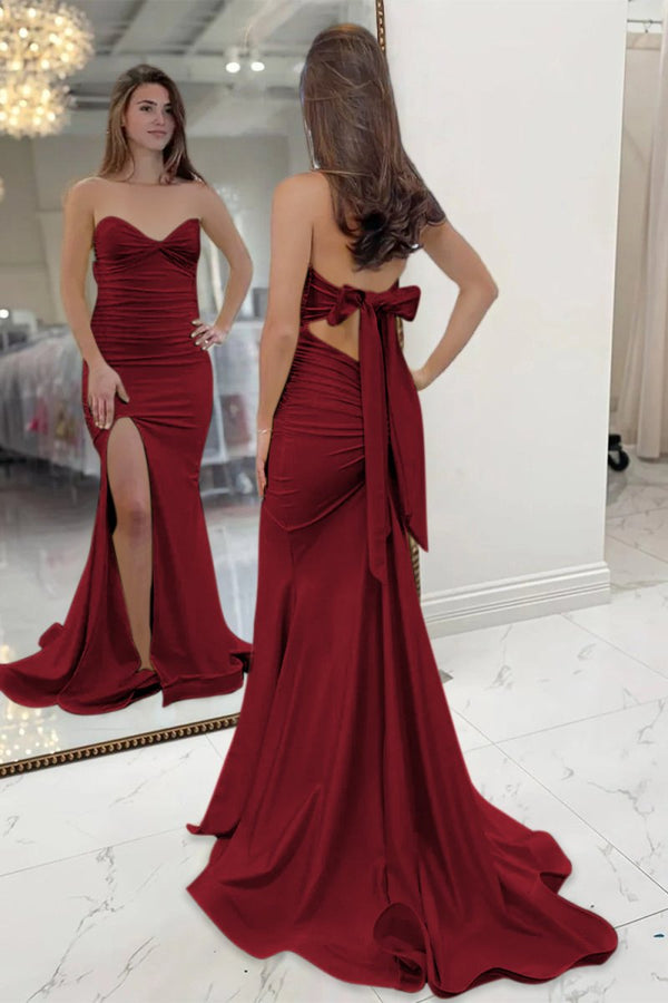 Yellow Sweetheart Sheath Satin Long Prom Dresses With Slit – Prom Dress by KissProm | Available at KissProm