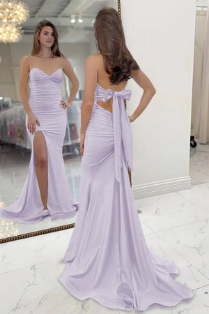 Yellow Sweetheart Sheath Satin Long Prom Dresses With Slit – Prom Dress by KissProm | Available at KissProm