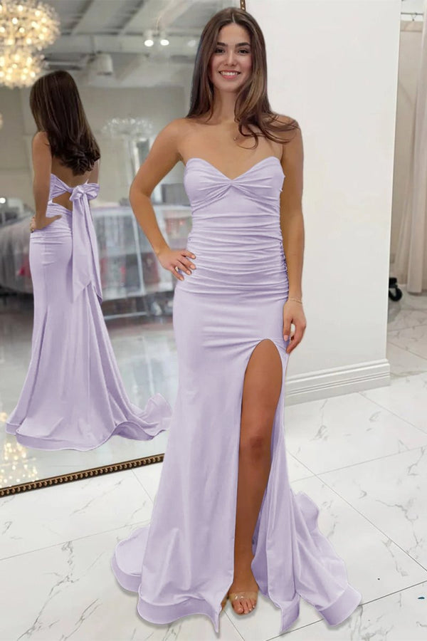 Yellow Sweetheart Sheath Satin Long Prom Dresses With Slit – Prom Dress by KissProm | Available at KissProm