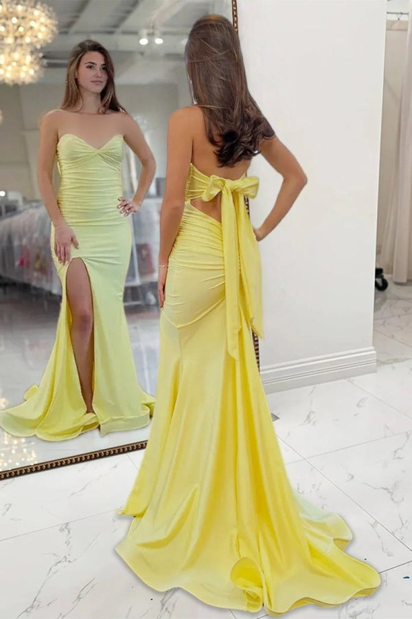 Yellow Sweetheart Sheath Satin Long Prom Dresses With Slit – Prom Dress by KissProm | Available at KissProm