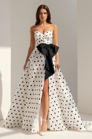 Averna | Black - Strapless A Line Polka Dots Satin Long Prom Dresses With Bow - KissProm