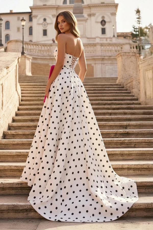 Fuchsia Sweetheart A Line Polka Dots Satin Long Prom Dresses With Bow - KissProm