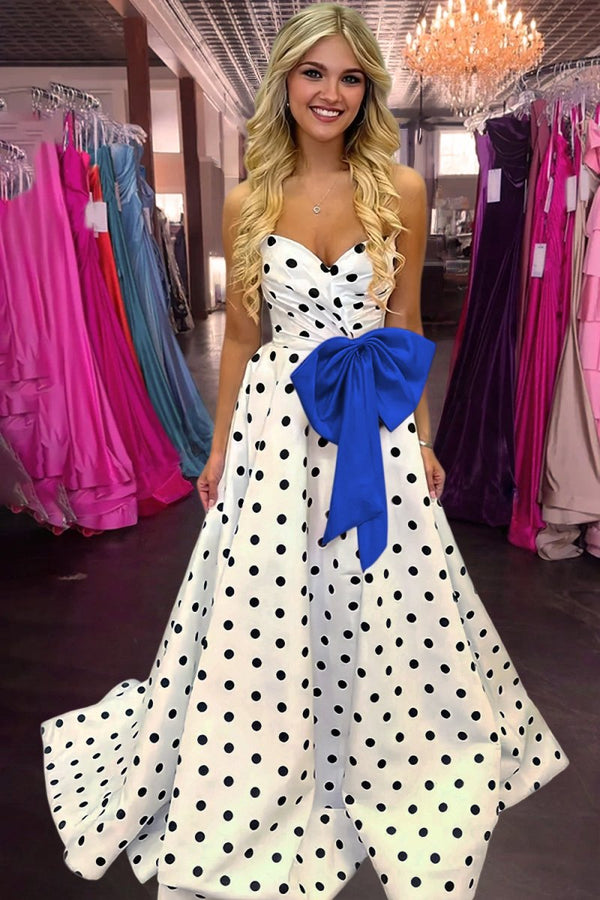 Averna | Royal Blue - Strapless A Line Polka Dots Satin Long Prom Dresses With Bow - KissProm