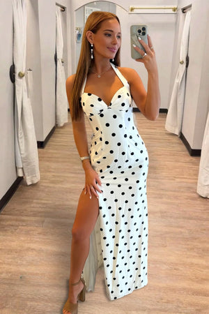 Ayra | White - Halter Sheath Polka Dots Long Formal Prom Dresses With Slit - KissProm
