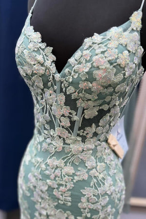 Azenor | Sage Green Spaghetti Straps Mermaid Prom Dress With Appliques - KissProm