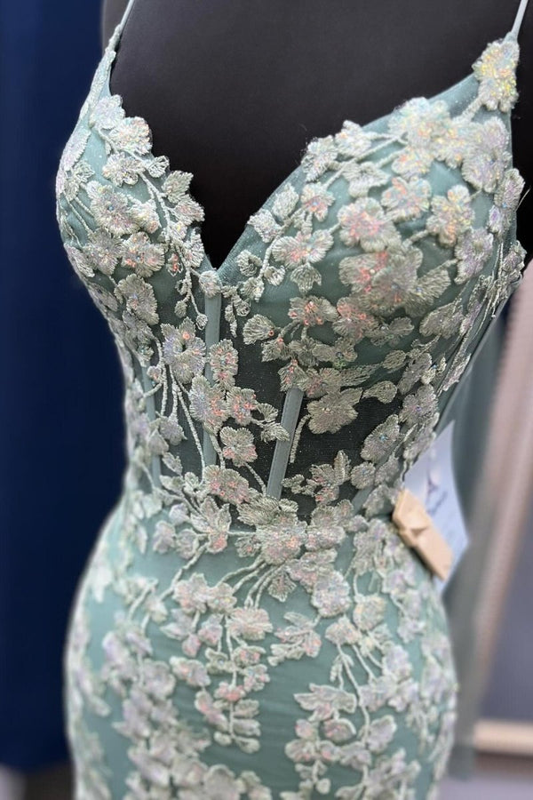 Azenor | Sage Green Spaghetti Straps Mermaid Prom Dress With Appliques - KissProm