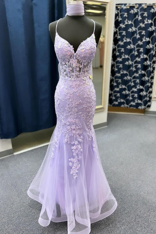Azenor | Sage Green Spaghetti Straps Mermaid Prom Dress With Appliques - KissProm