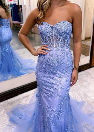 Blue Mermaid Sweetheart Neck Lace Long Prom Dress With Appliques -KissProm