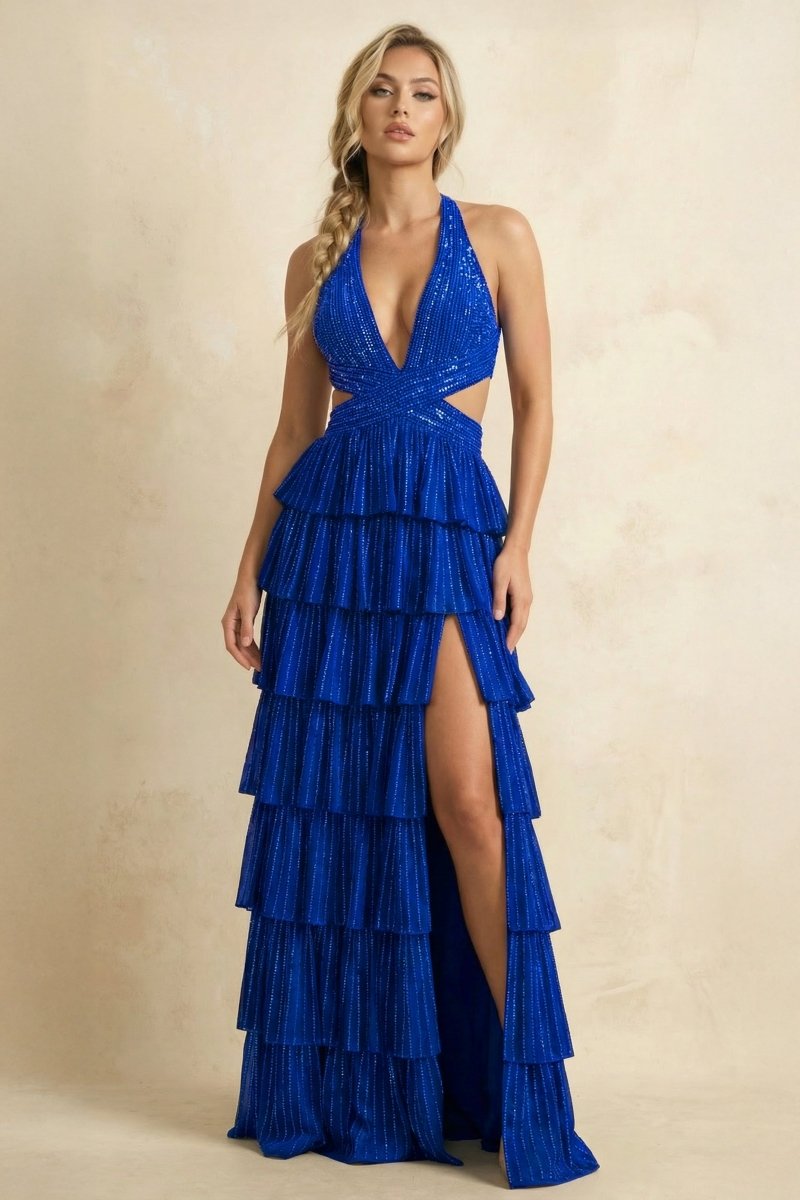 Royal Blue - A - Line Halter Satin Beaded Long Prom Dresses With Ruffles - KissProm