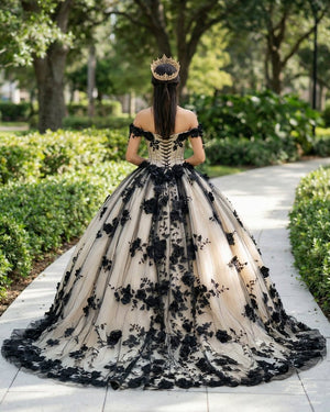 Black Off the Shoulder Quinceanera Dresses With 3D Flowers - KissProm