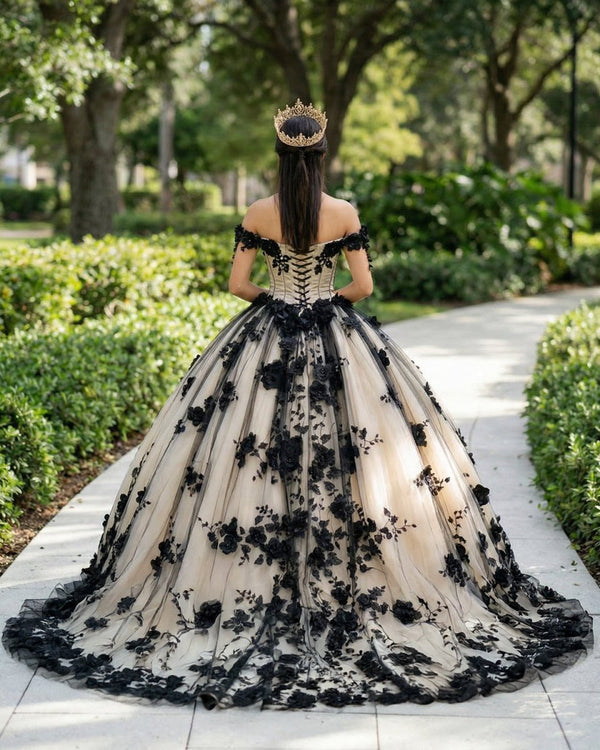 Black Off the Shoulder Quinceanera Dresses With 3D Flowers - KissProm