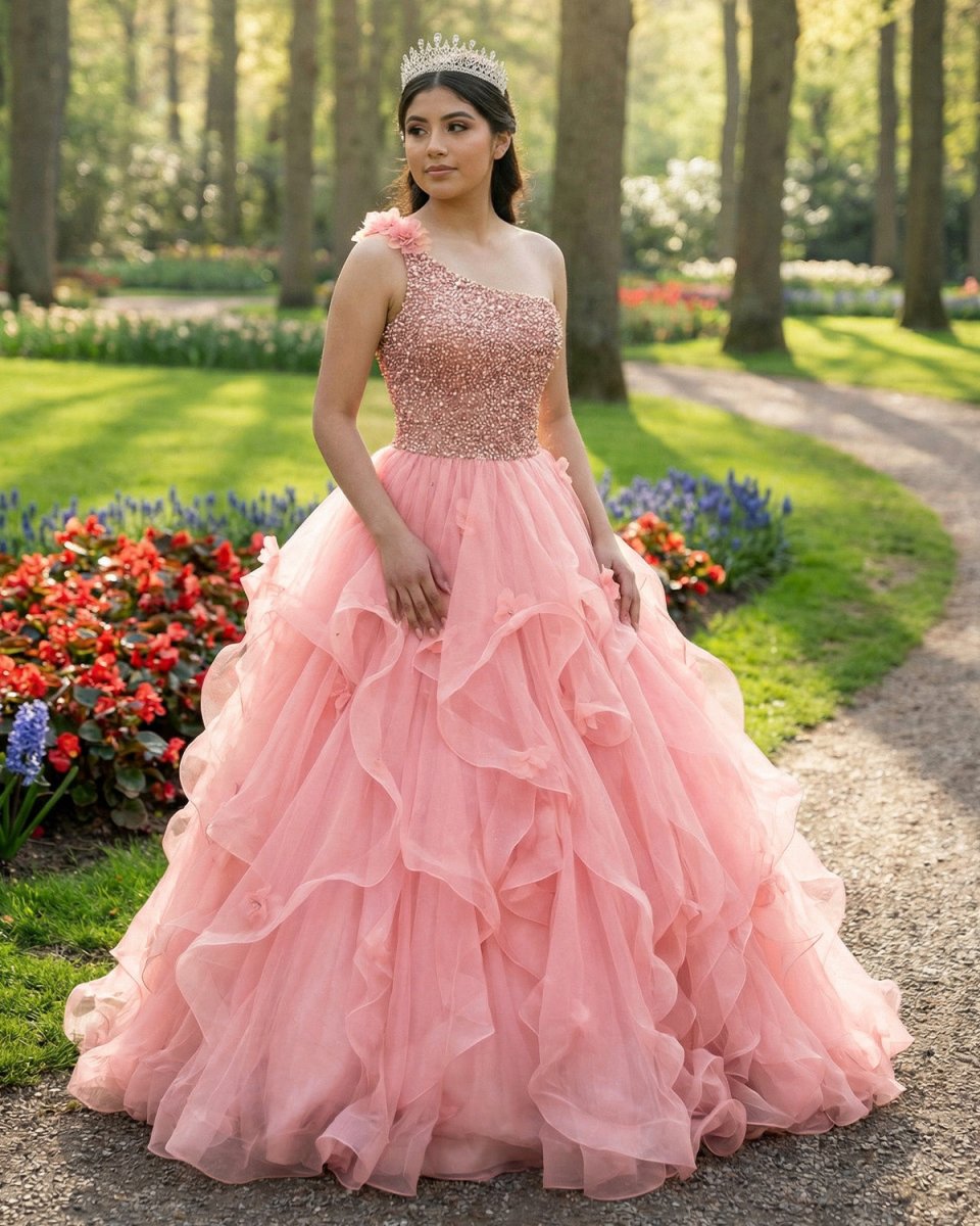 Quinceanera Dress Ball Gown Long Prom Dresses One Shoulder Beads - KissProm