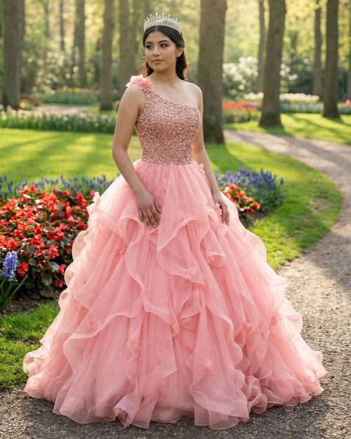 Quinceanera Dress Ball Gown Long Prom Dresses One Shoulder Beads - KissProm