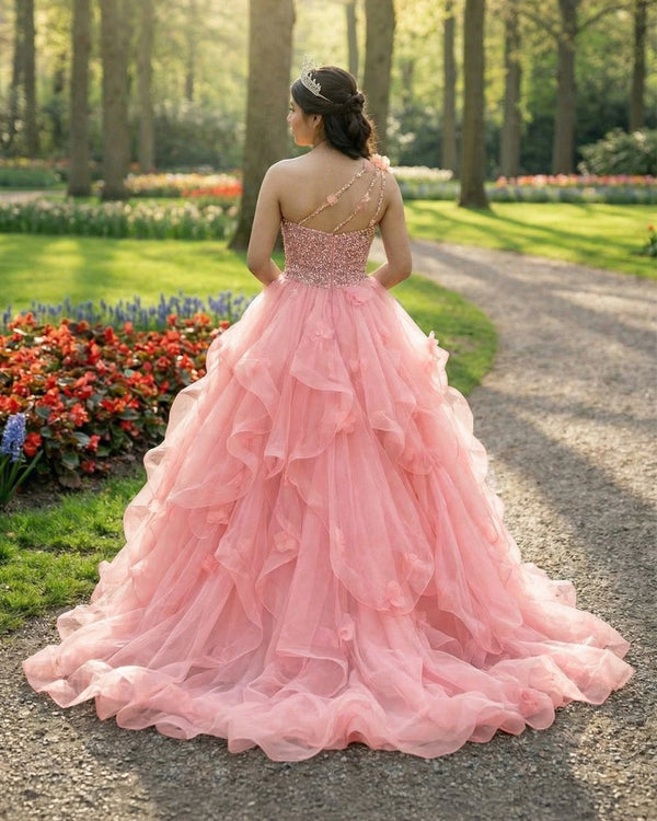 Quinceanera Dress Ball Gown Long Prom Dresses One Shoulder Beads - KissProm