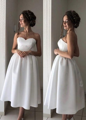 Short Satin Sweetheart Tea-length Bridal Dress for Casual Wedding