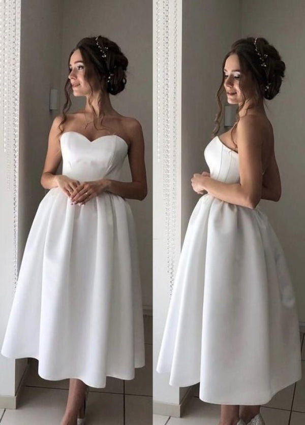 Short Satin Sweetheart Tea-length Bridal Dress for Casual Wedding