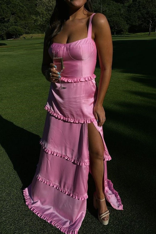 A-Line Hot Pink Ruffles Slit Prom Dress with Lace-up Back - KISSPRPM PROM DRESSES