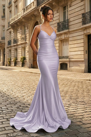Mermaid Spaghetti Straps Blue Satin Long Prom Dress with Criss Cross Back - KissProm