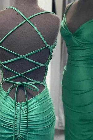 Mermaid Spaghetti Straps Blue Satin Long Prom Dress with Criss Cross Back - KISSPROM PROM DRESSES