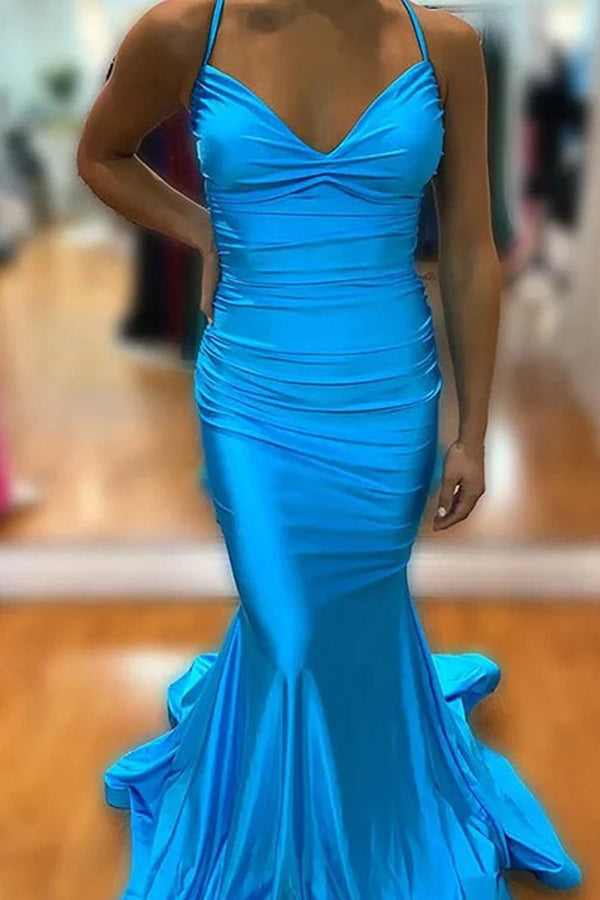 Mermaid Spaghetti Straps Blue Satin Long Prom Dress with Criss Cross Back - KISSPROM PROM DRESSES