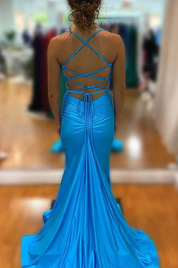 Mermaid Spaghetti Straps Blue Satin Long Prom Dress with Criss Cross Back - KISSPROM PROM DRESSES