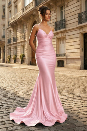 Mermaid Spaghetti Straps Blue Satin Long Prom Dress with Criss Cross Back - KissProm