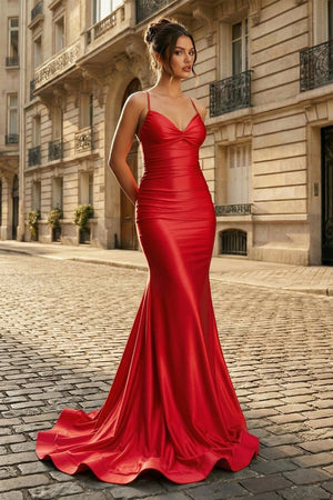 Mermaid Spaghetti Straps Blue Satin Long Prom Dress with Criss Cross Back - KissProm