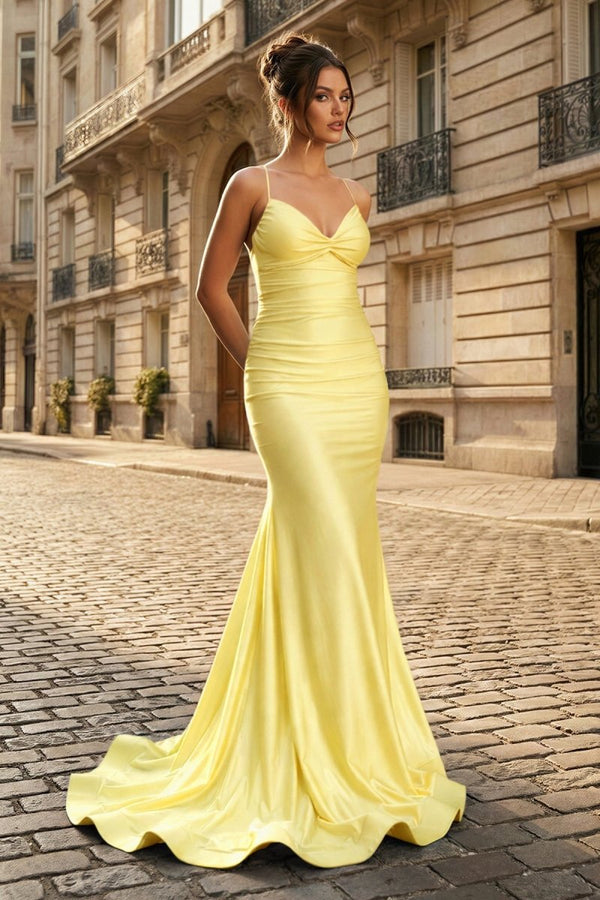 Mermaid Spaghetti Straps Blue Satin Long Prom Dress with Criss Cross Back - KissProm