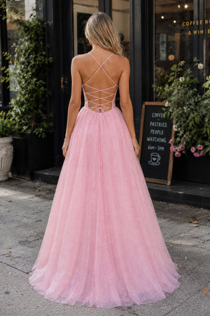 Pink Tulle Long Backless Prom Dress A-Line V Neck Party Dress
