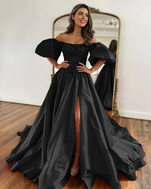 A-Line Off The Shoulder Taffeta Prom Dress With Short Puffy Sleeves – Prom Dress by KissProm | Available at KissProm