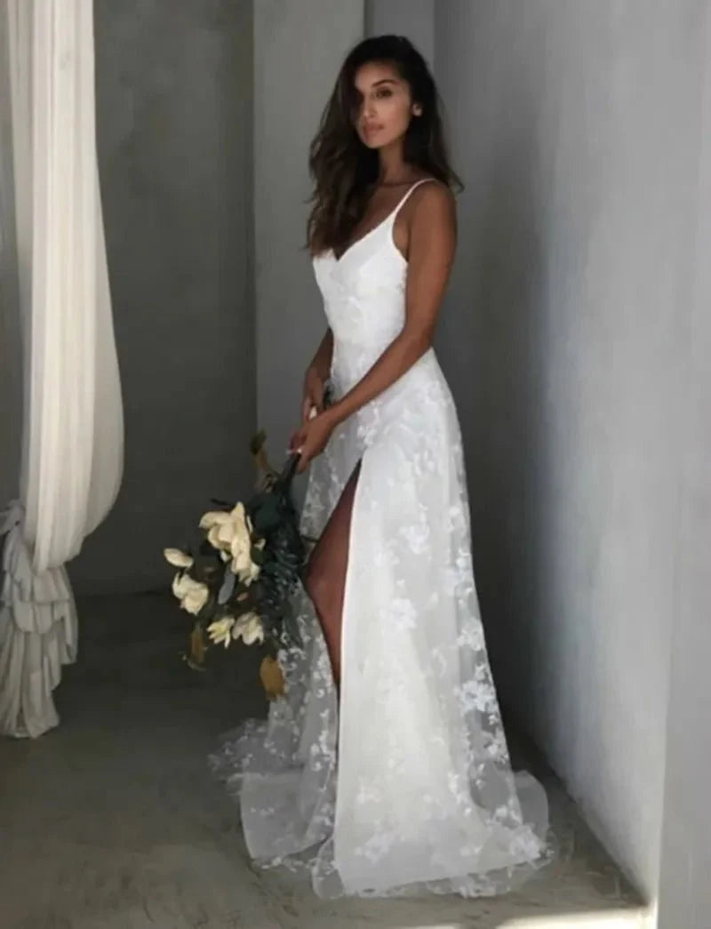 Beach V-Neck Sparkly Lace Wedding Dresses With Split Front – Wedding Dresses by Kissprom | Available at KissProm