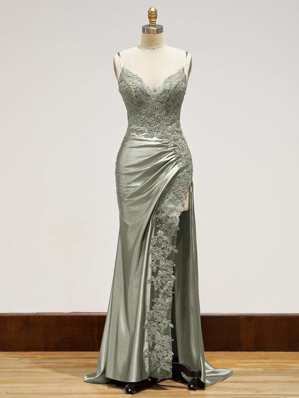 Sheath Spaghetti Straps Black Satin Long Prom Dresses with Lace Appliques – Prom Dress by KissProm | Available at KissProm