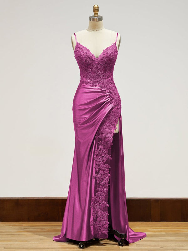 Sheath Spaghetti Straps Black Satin Long Prom Dresses with Lace Appliques – Prom Dress by KissProm | Available at KissProm