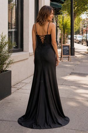 Sheath Black Long Appliques Prom Dress