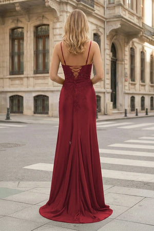 Sheath Spaghetti Straps Black Satin Long Prom Dresses with Lace Appliques – Prom Dress by KissProm | Available at KissProm