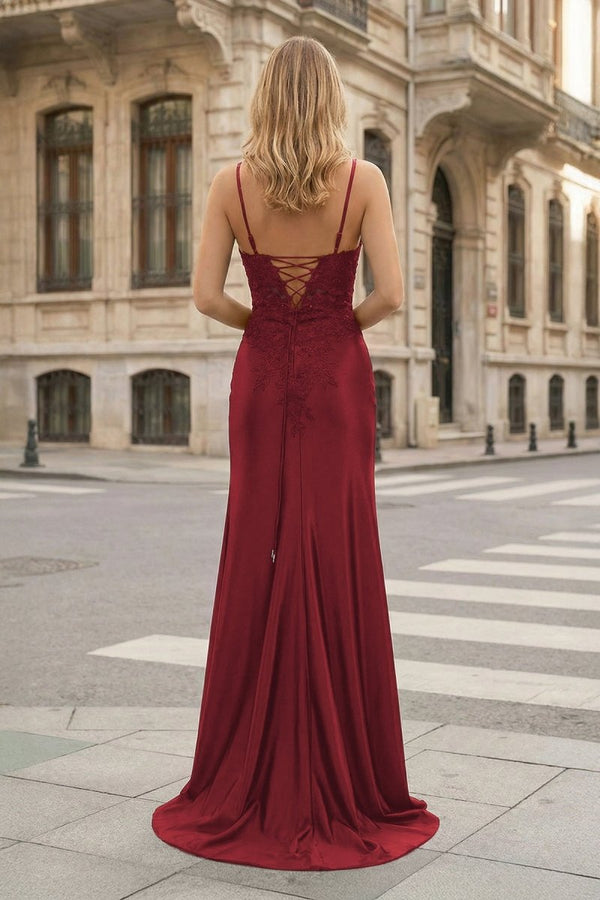 Sheath Spaghetti Straps Black Satin Long Prom Dresses with Lace Appliques – Prom Dress by KissProm | Available at KissProm