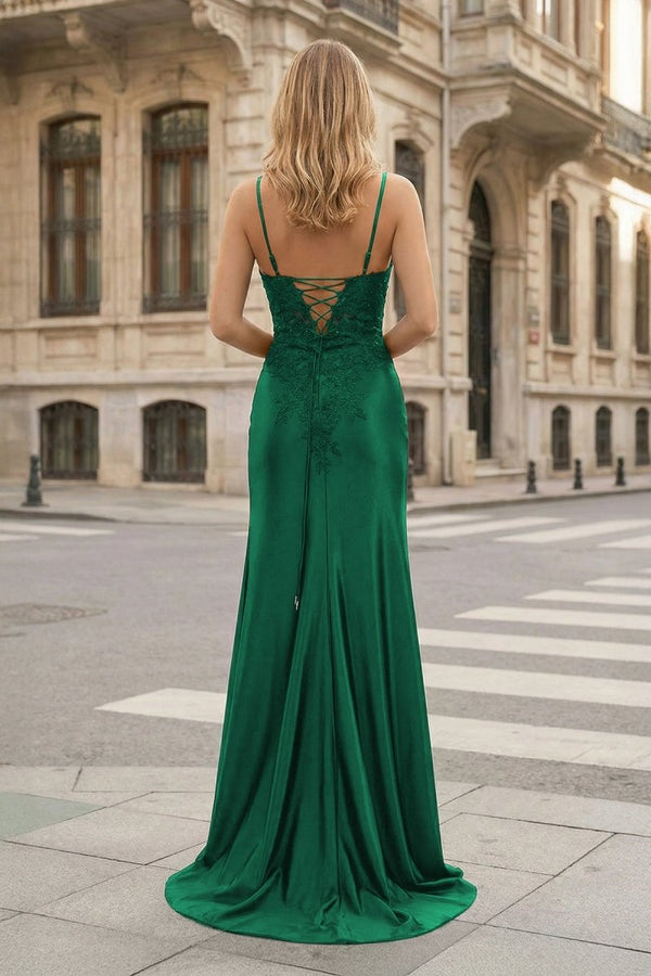 Sheath Spaghetti Straps Black Satin Long Prom Dresses with Lace Appliques – Prom Dress by KissProm | Available at KissProm
