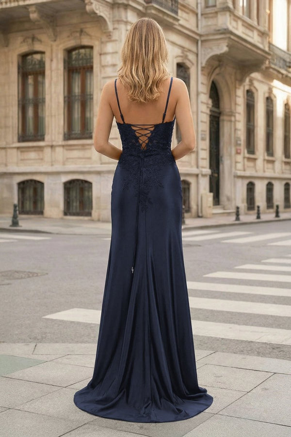 Sheath Spaghetti Straps Black Satin Long Prom Dresses with Lace Appliques – Prom Dress by KissProm | Available at KissProm