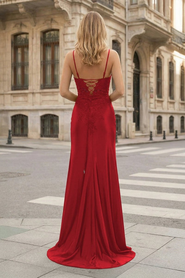 Sheath Spaghetti Straps Black Satin Long Prom Dresses with Lace Appliques – Prom Dress by KissProm | Available at KissProm