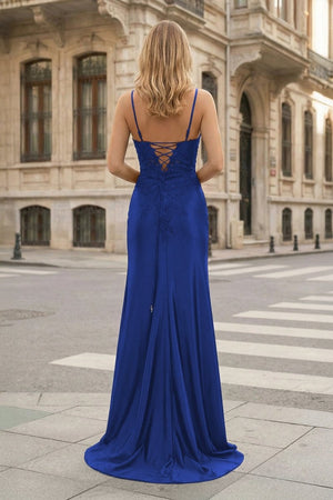 Sheath Spaghetti Straps Black Satin Long Prom Dresses with Lace Appliques – Prom Dress by KissProm | Available at KissProm